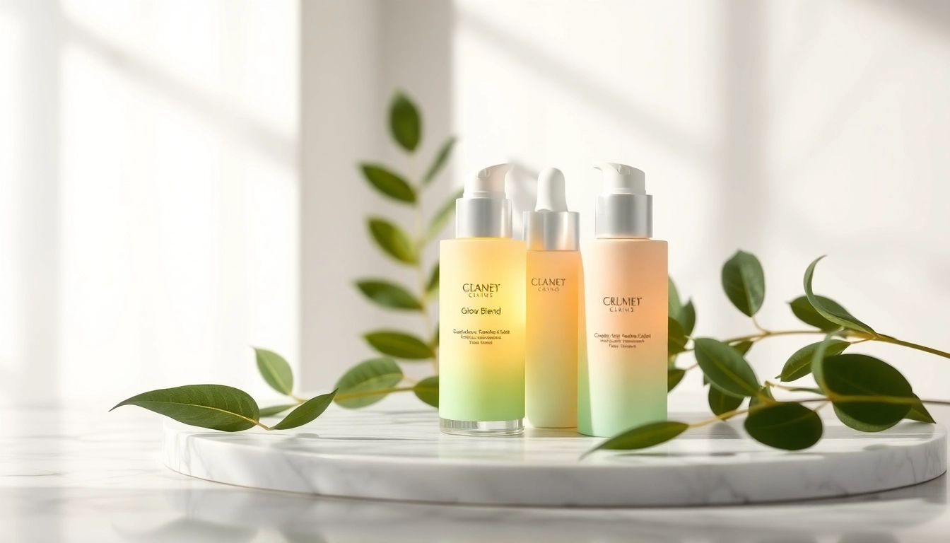 Experience the skin-enhancing Glow Blend with elegant packaging against a natural backdrop.