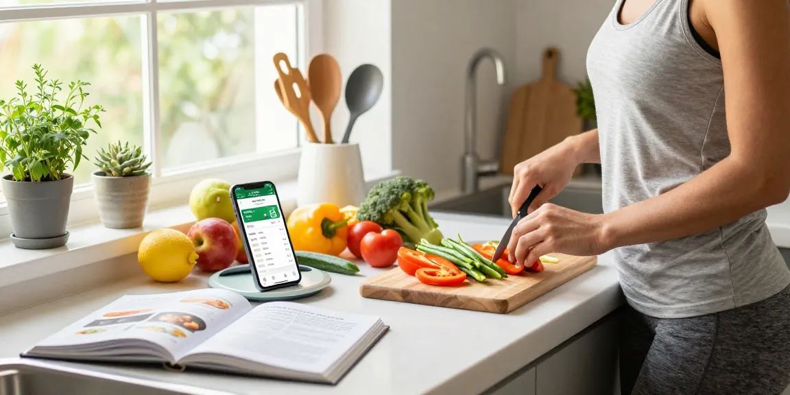 Healthy cooking scene featuring the best calorie tracker app on a smartphone, colorful ingredients, and a motivated cook.
