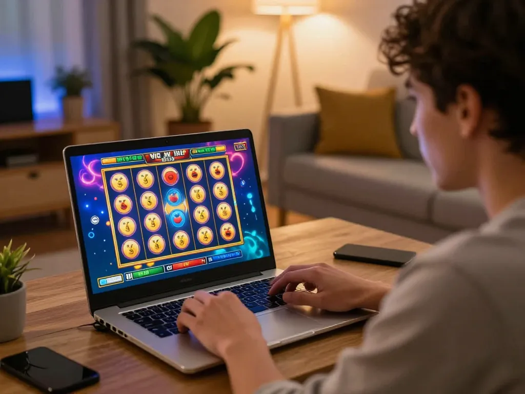 Engaging in a thrilling slot server luar negeri game session at home, showcasing vibrant online casino interface.