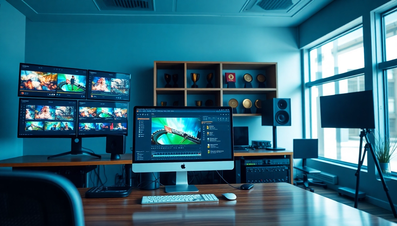 Engaging post-production & editing workspace with screens and equipment illuminated by natural light.