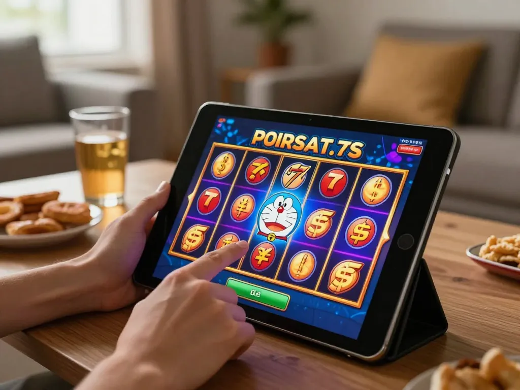 Player enjoying BUKA77 slot game on tablet during relaxed home gaming session