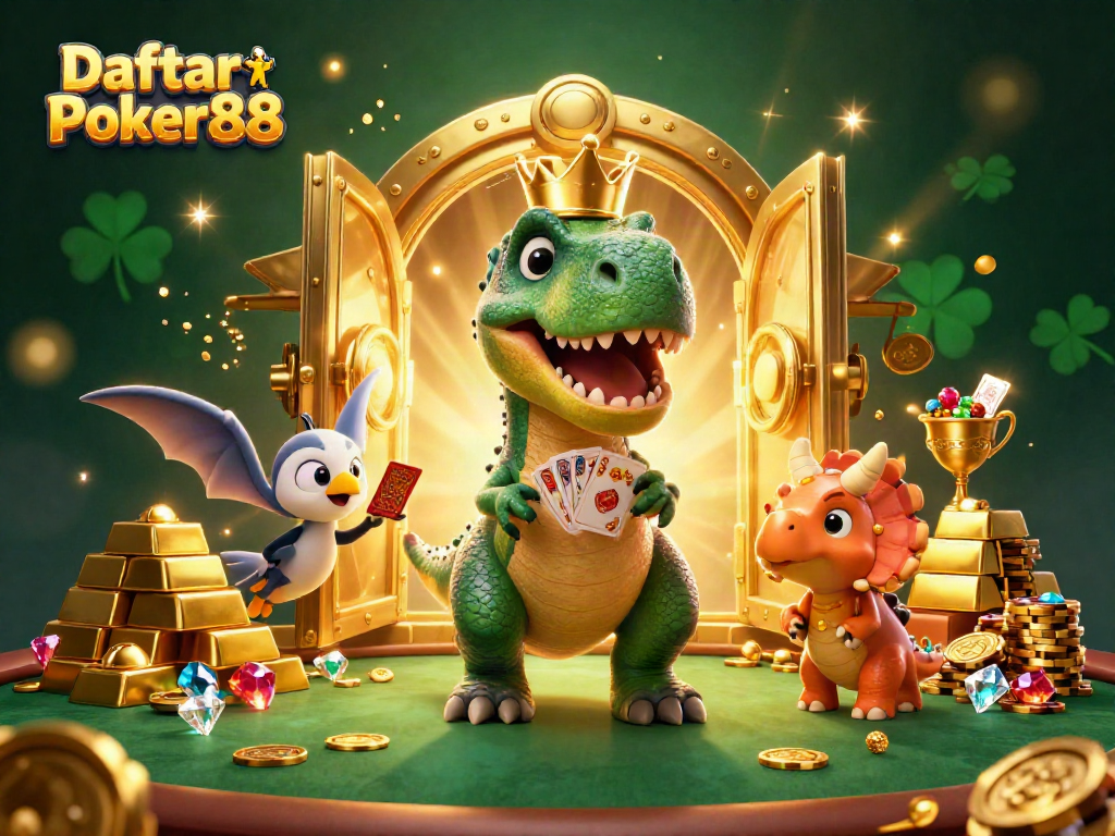 Experience the excitement of Daftar Poker88 with playful dinosaurs handling cards and chips.