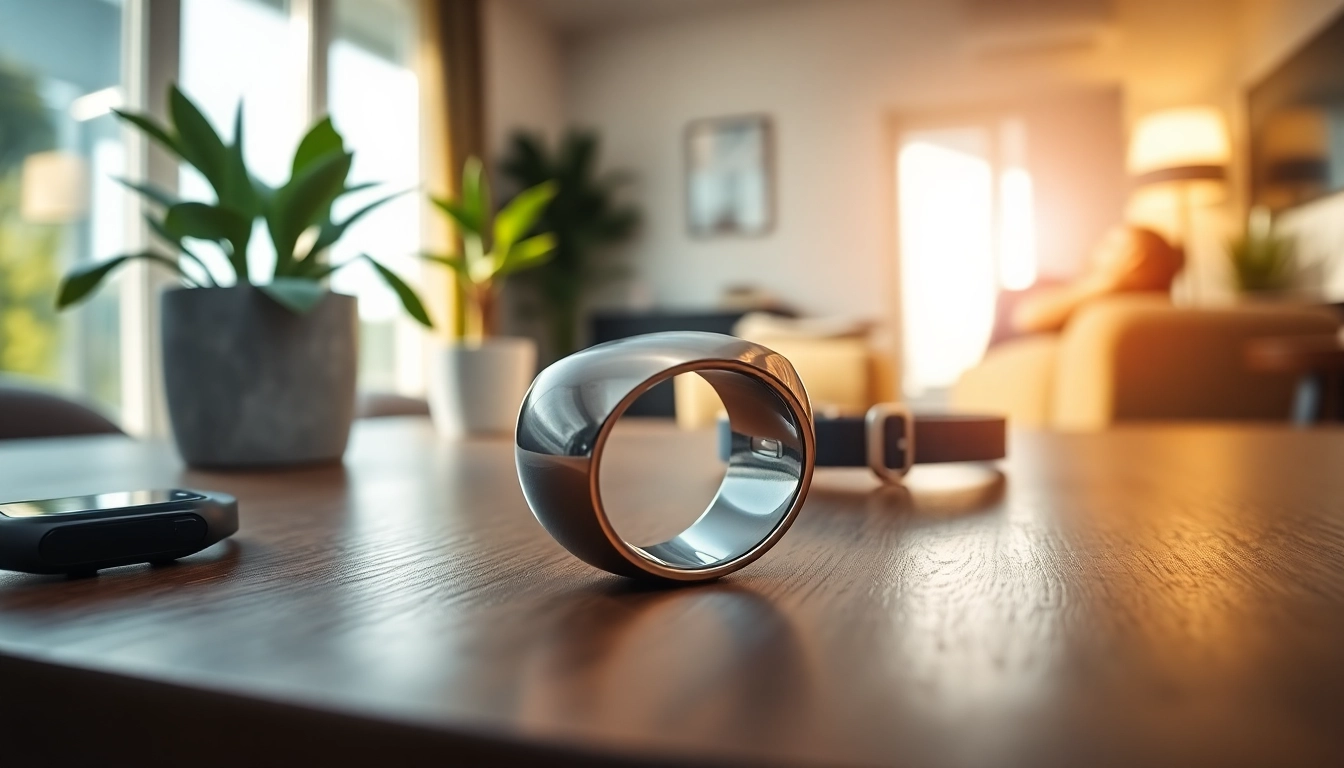 Showcasing a Smart Health Ring on a wooden table with fitness elements to promote wellness.