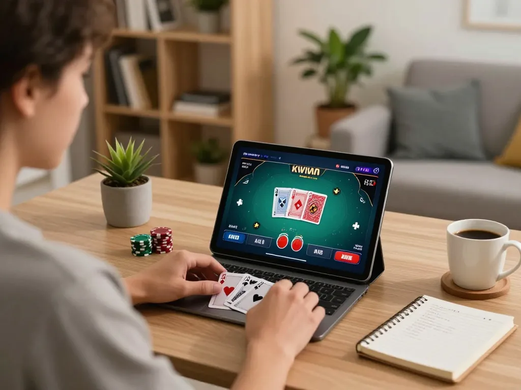 Play poker on 8kbet with tablet, cozy home office and strategic notes.