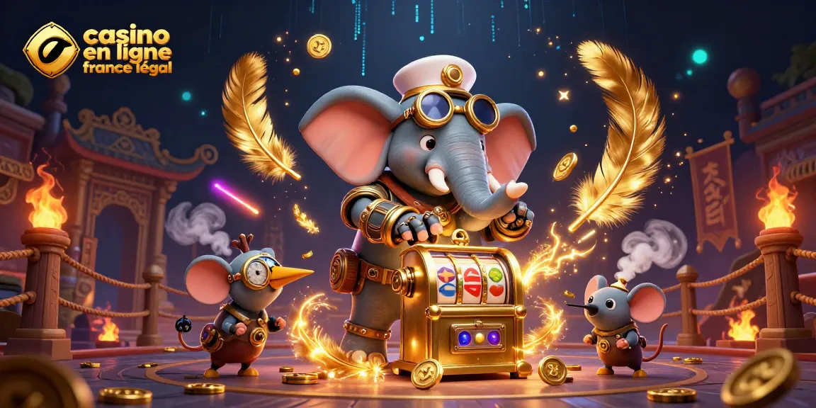 Illustration dynamique de casino en ligne France légal, mettant en scène un éléphant steampunk et une machine à sous dorée, entourés d'effets visuels captivants.