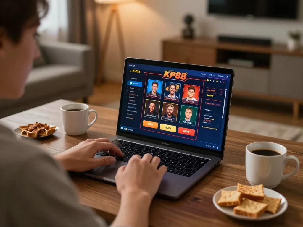 Player enjoying KP88 online gaming on a laptop in a cozy home setting with snacks