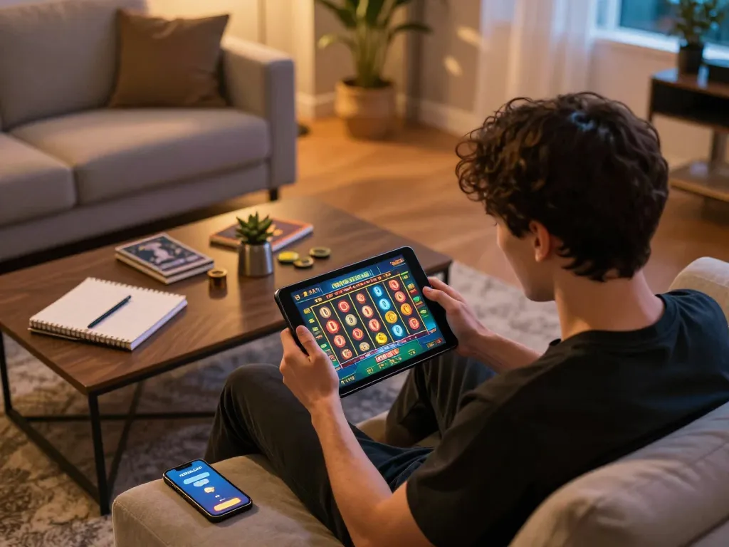 Gaming enthusiast engages with exciting slot titles at https://m-100cuci.net/ showcasing a cozy home setup.