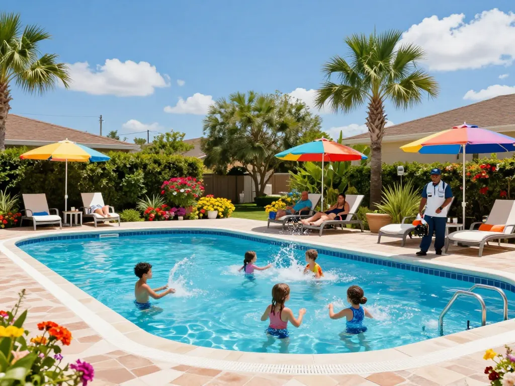 Dolphin Pool Services family enjoying a well-maintained pool with vibrant water surrounded by colorful landscaping.