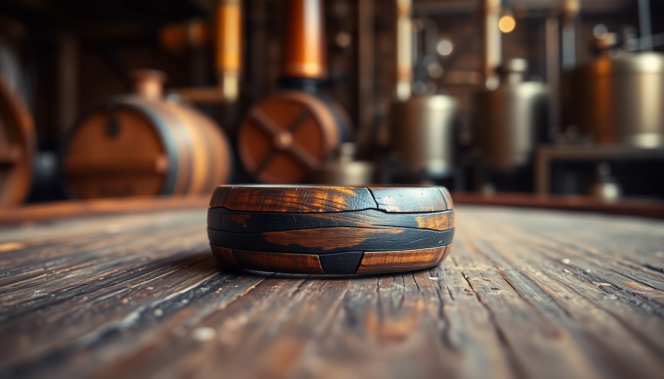 Showcasing unique Whiskey Barrel Wedding Bands featuring reclaimed wood with intricate textures.