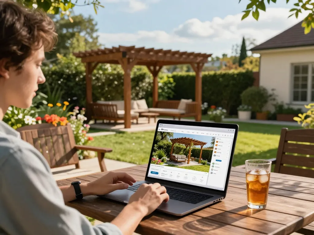 Using an online pergola configurator to design a backyard pergola while enjoying a serene garden setting.