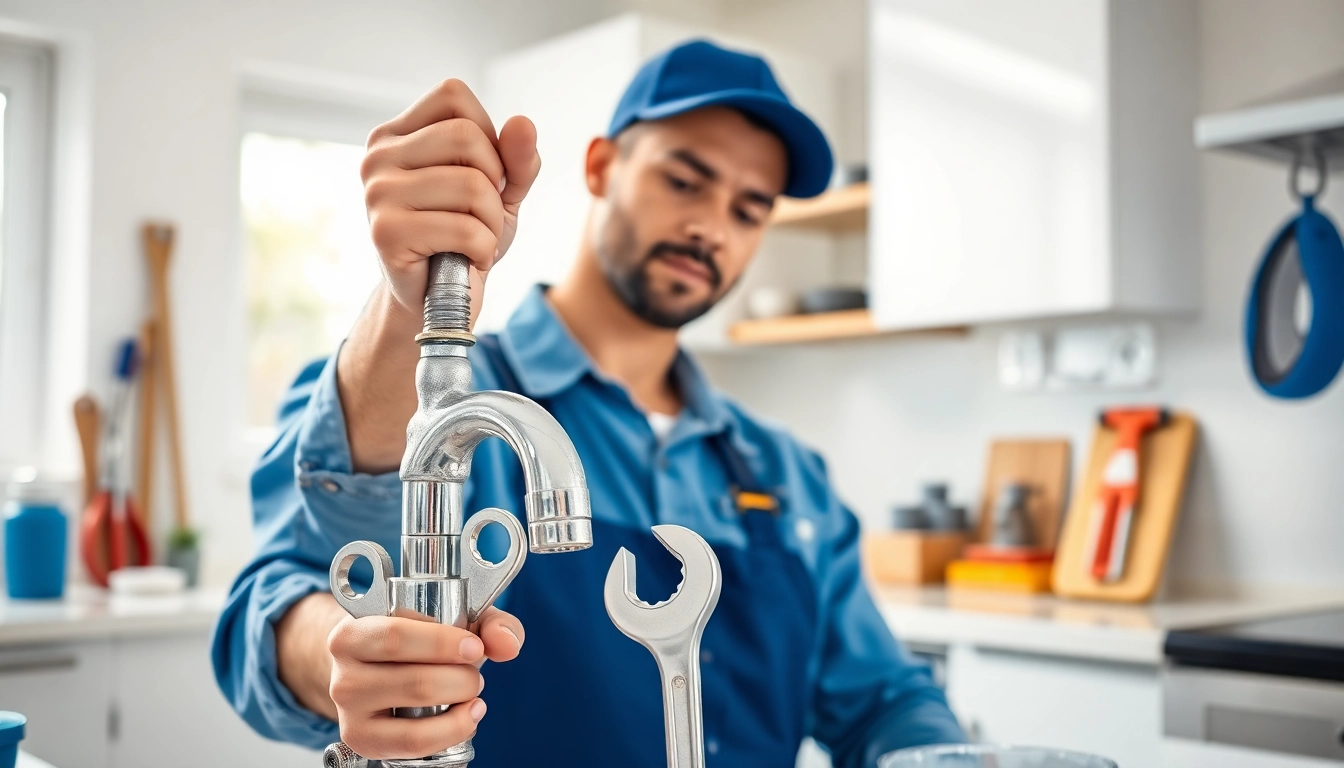 Local plumber fixing a faucet in a bright kitchen, showcasing professionalism and expertise.