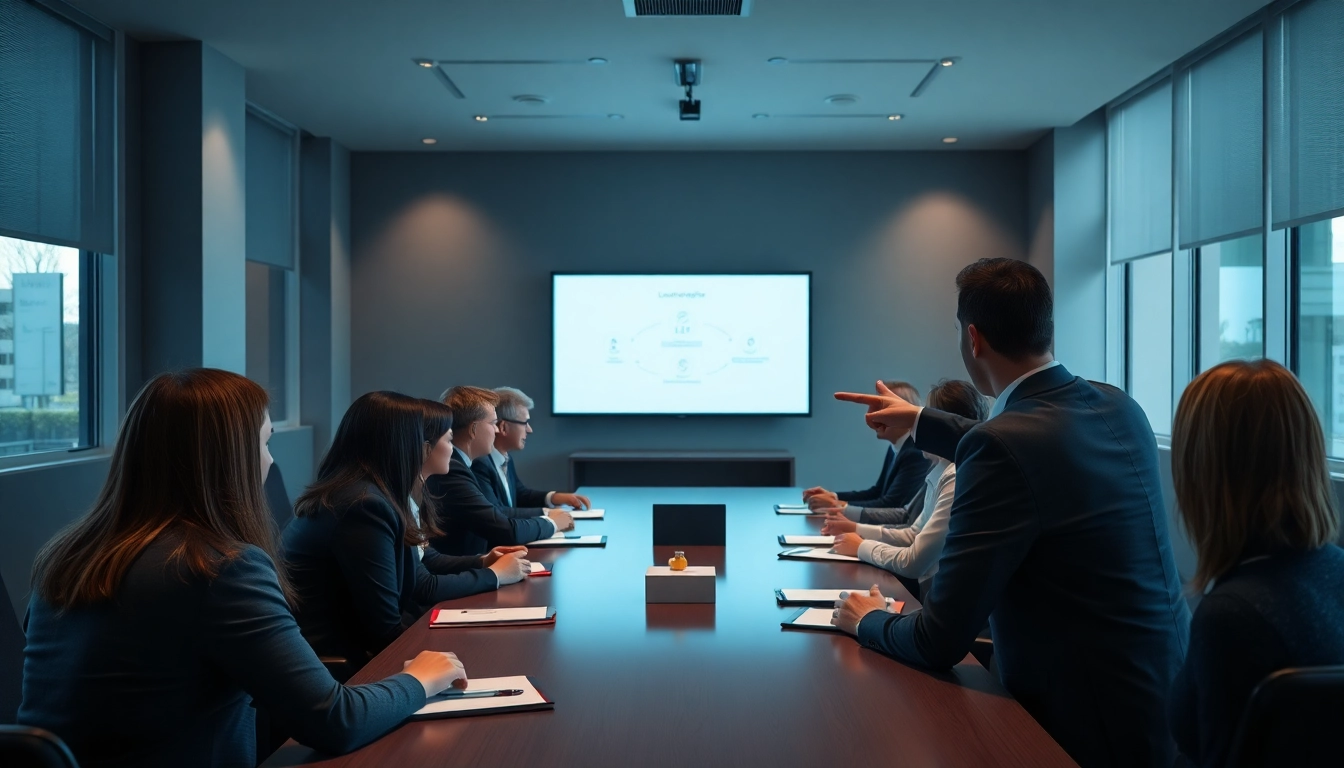 Enhancing Leadership Communication in a corporate boardroom with a confident speaker addressing a focused audience.