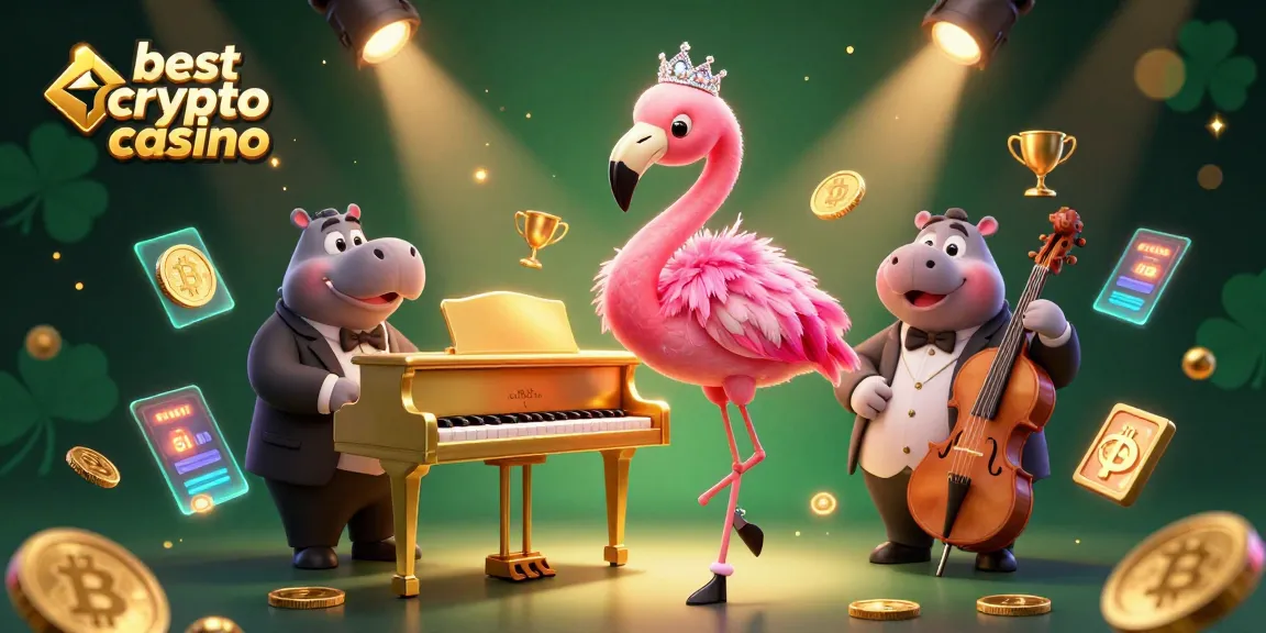 Jouez au meilleur casino crypto avec cette image vivante et colorée mettant en scène une chanteuse flamant et un bassiste hippopotame.