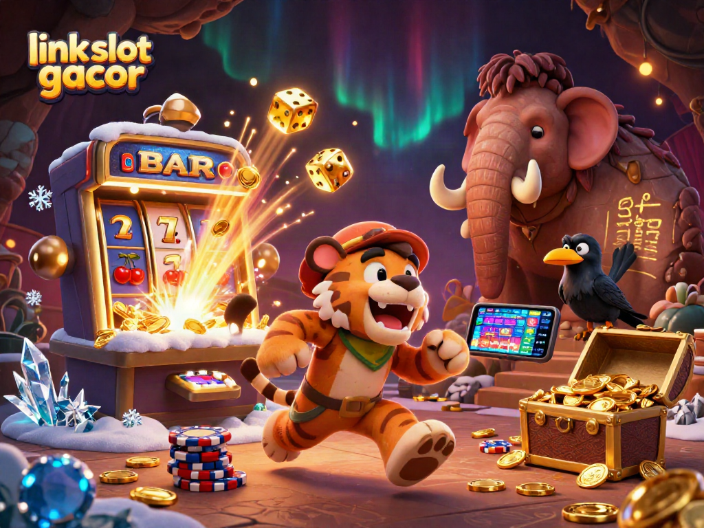 Experience the excitement of link slot gacor with cavemen and a sabertooth in a prehistoric casino scene!