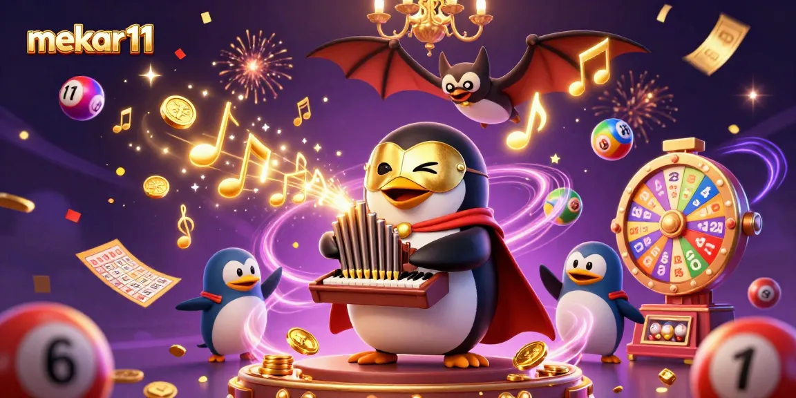 Mekar11's thrilling gaming scene showcases a penguin playing an organ with golden coins, providing excitement for gamers.