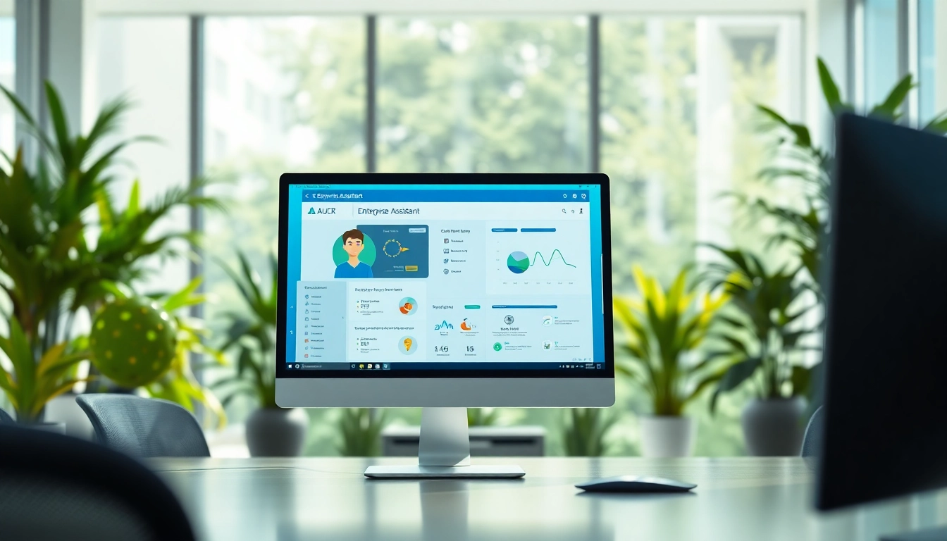 Showcasing enterprise assistant software on a sleek computer interface in a lively office.