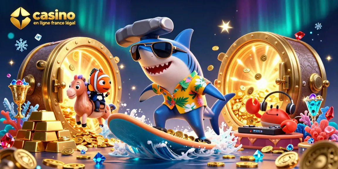 Illustration de jeu de casino en ligne France légal avec un requin en 3D sur des pièces d'or