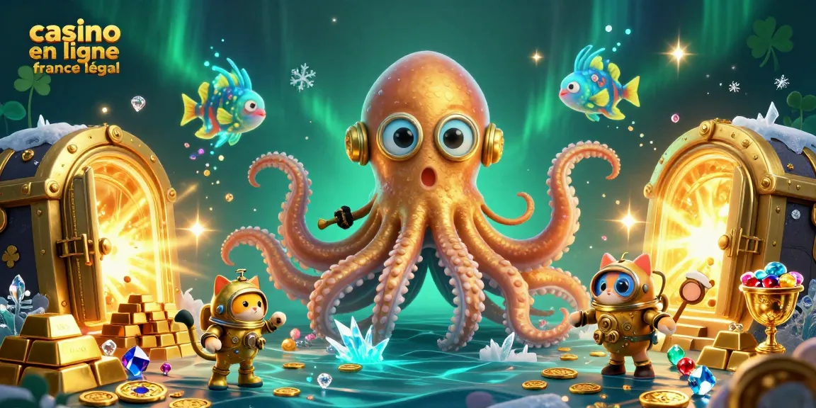 Illustration dynamique montrant le kraken, le chat plongeur et des poissons lumineux dans un casino en ligne France légal.
