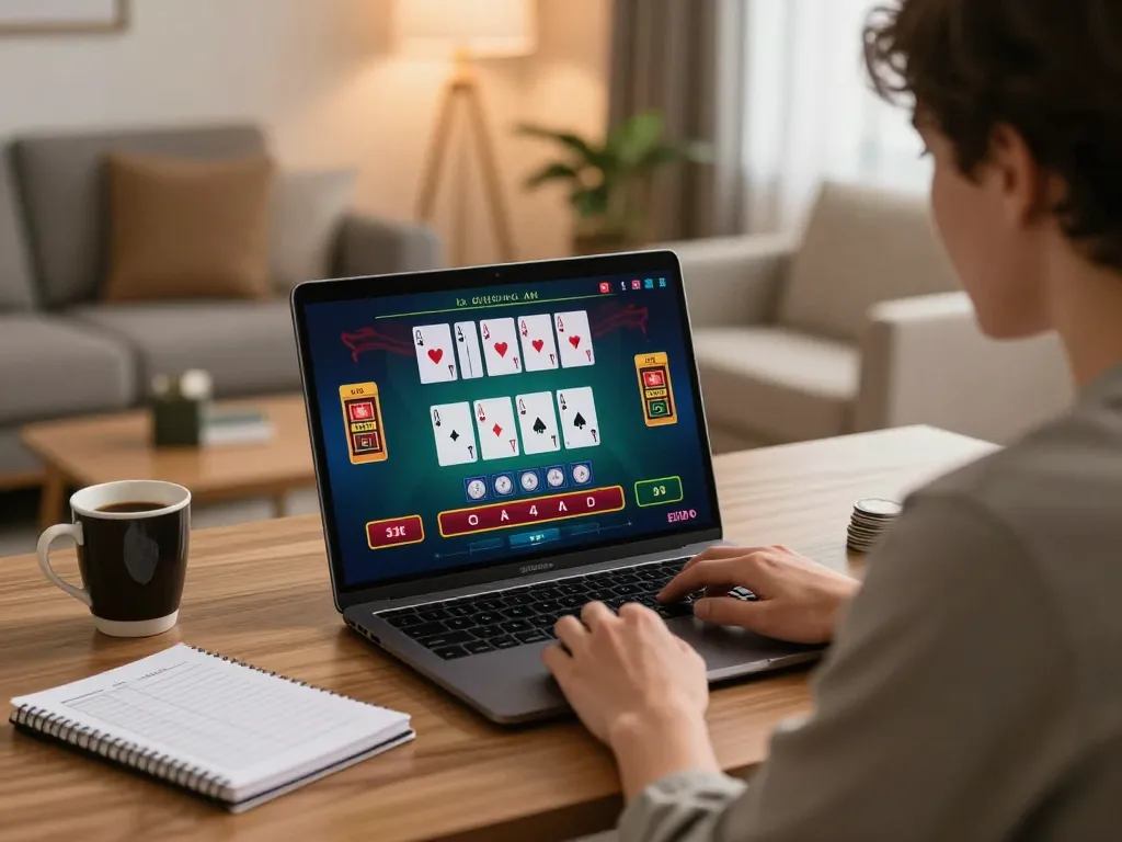 Person enjoying shbet blackjack online with live dealer, modern home setup creating a cozy gaming atmosphere.