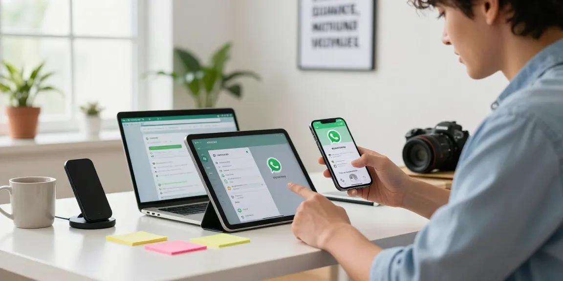 Engaging workspace for WhatsApp下載 on smartphone and tablet in a modern office setting.