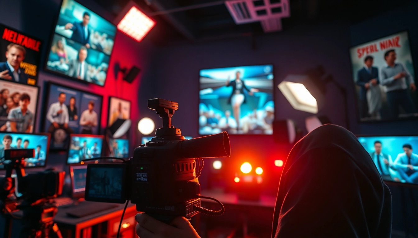 Captivating filmmaking scene showcasing หนังออนไลน์ creativity with vibrant displays and modern equipment.