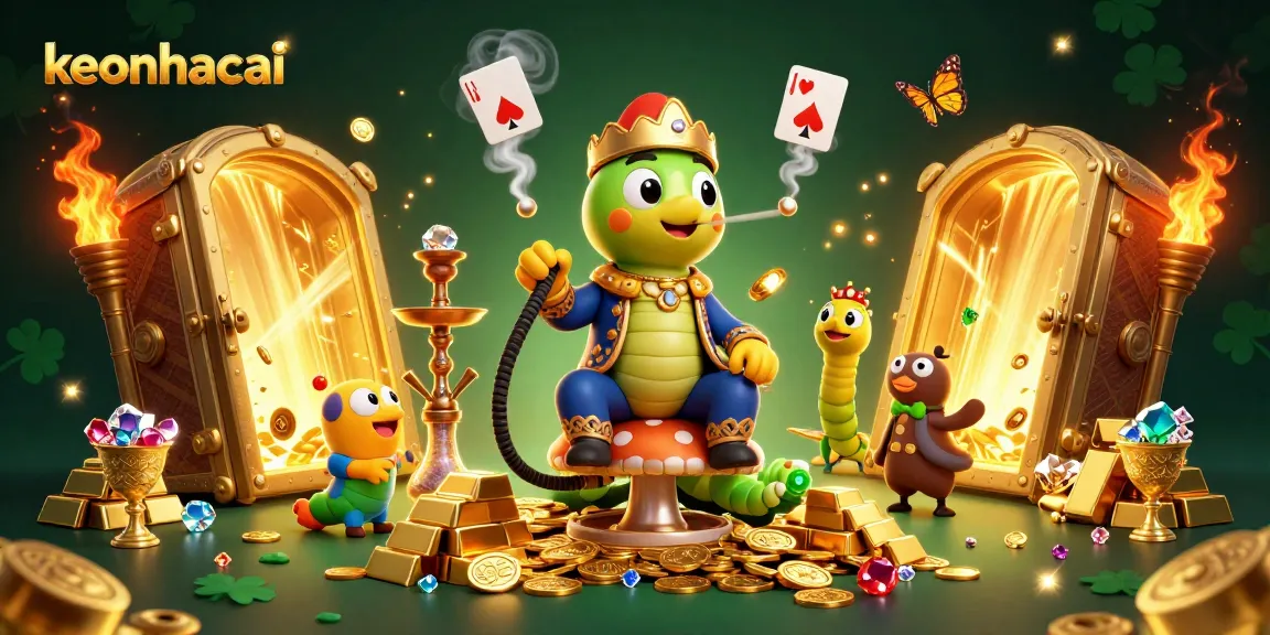 Experience keonhacai's thrilling gaming universe with vibrant characters and treasure elements in this 3D illustration.