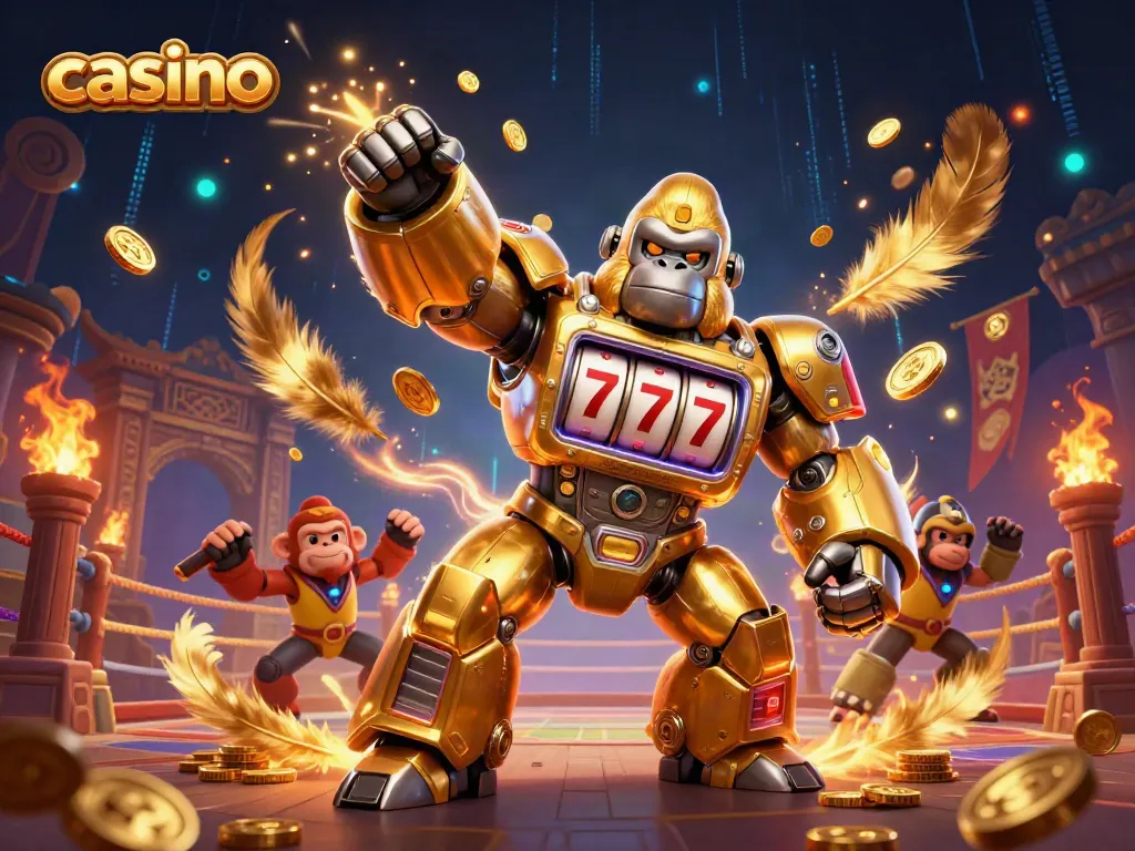 Experience thrilling gameplay with our casino-inspired golden gorilla mech and vibrant casino-themed elements.