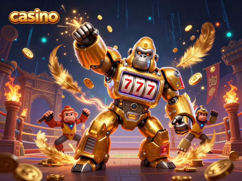 Experience thrilling gameplay with our casino-inspired golden gorilla mech and vibrant casino-themed elements.