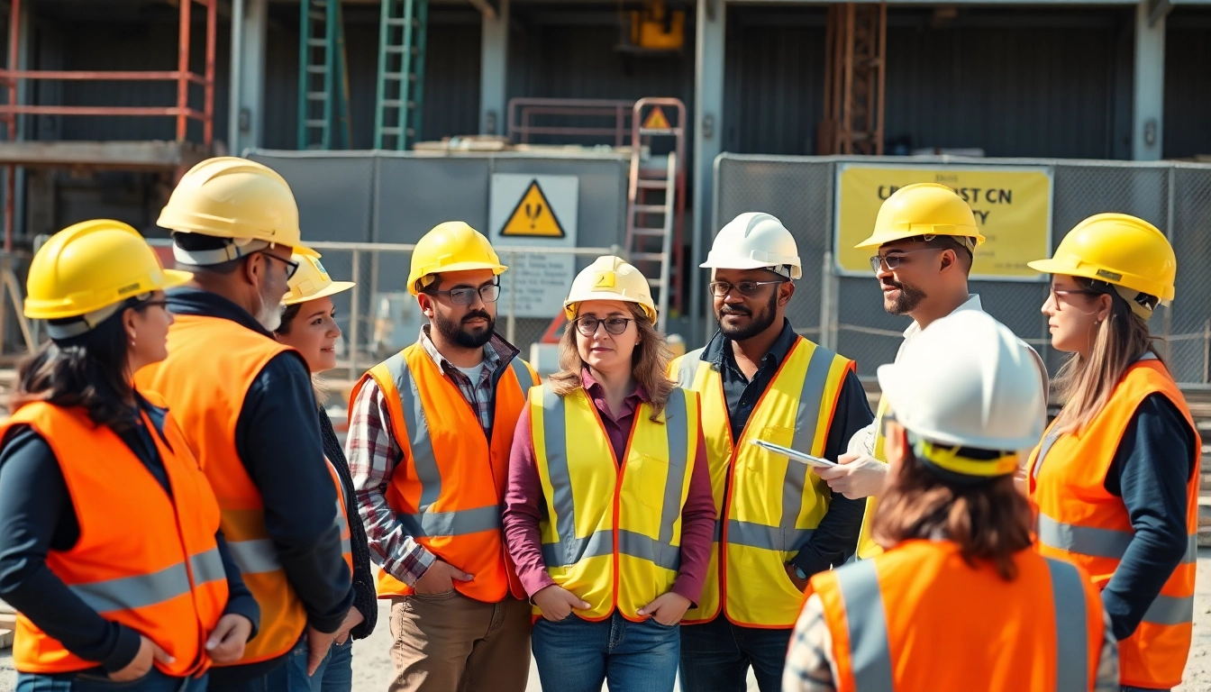 Engaged workers participating in Construction site safety training outdoor session highlighting teamwork and safety.