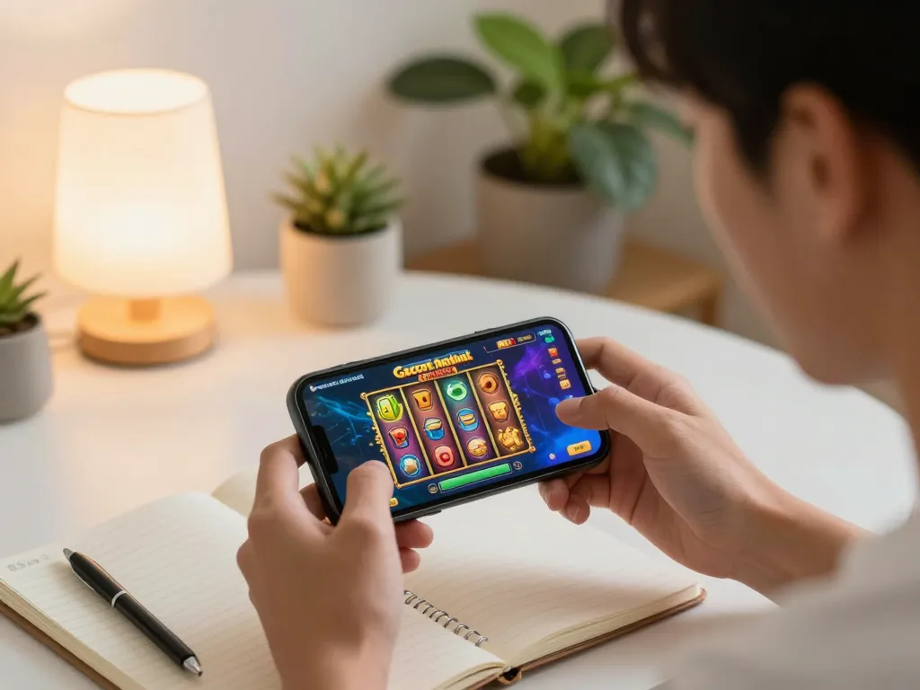 Playing slot gacor gampang menang on a smartphone in a cozy living room during an exciting gaming session.