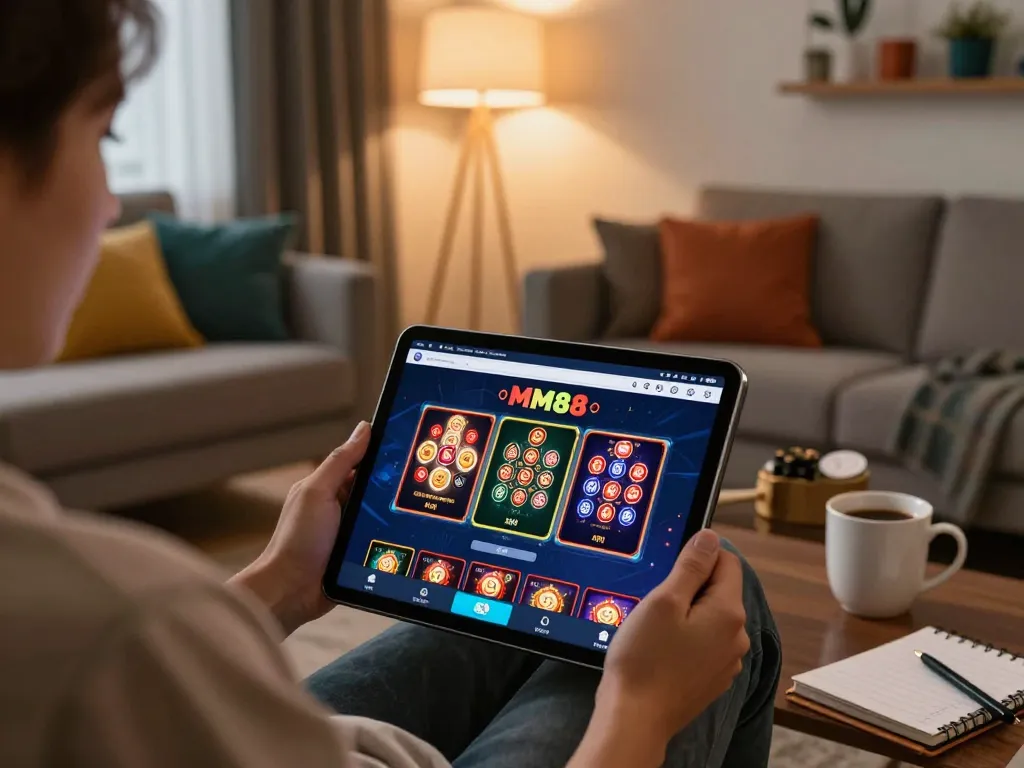 MM88 app interface displaying poker game on a cozy living room setup for online gambling