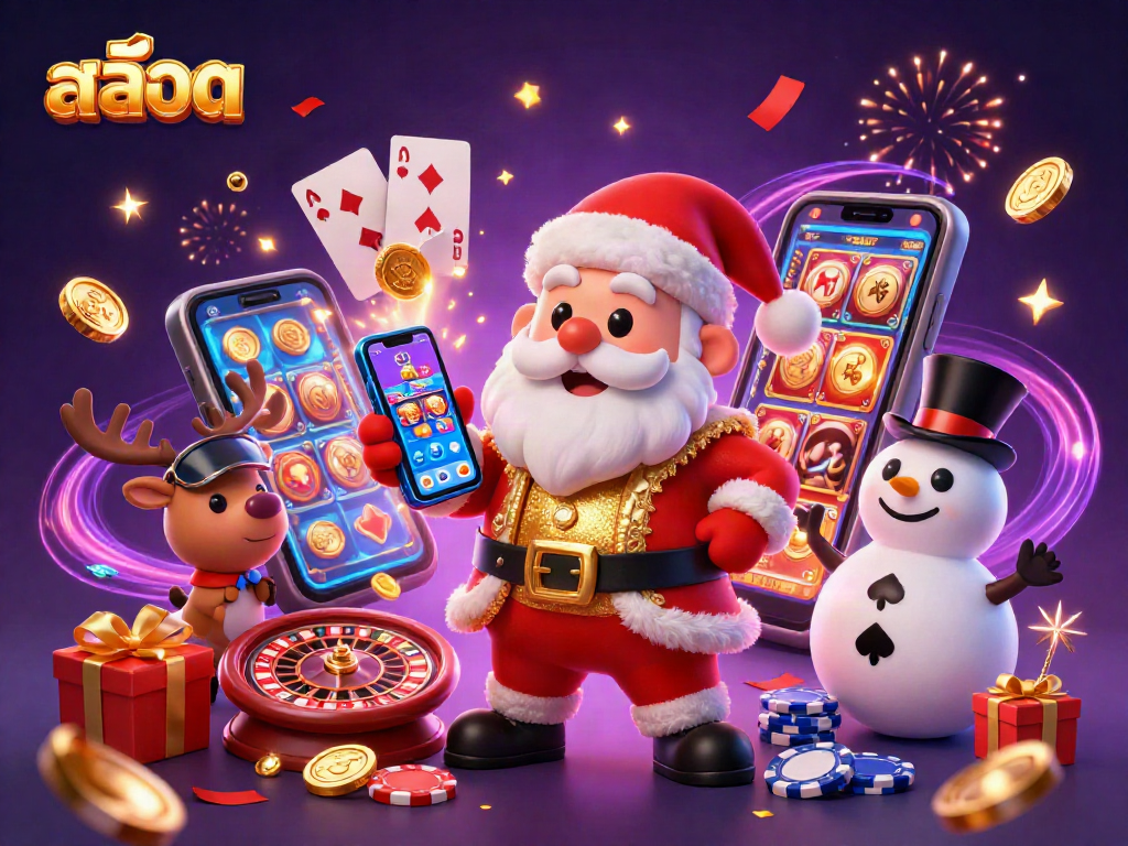 Engage with exciting สล็อต gameplay featuring Santa, reindeer, and snowman in a vibrant casino scene.
