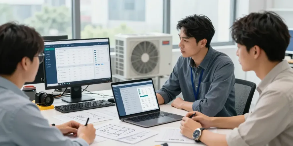 Team collaborating on HVAC Business Software solutions in modern office
