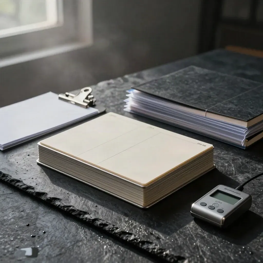 Brushed steel planning trays, magnetic tiles, file sleeves and a timer on rain-dark slate at dawn.