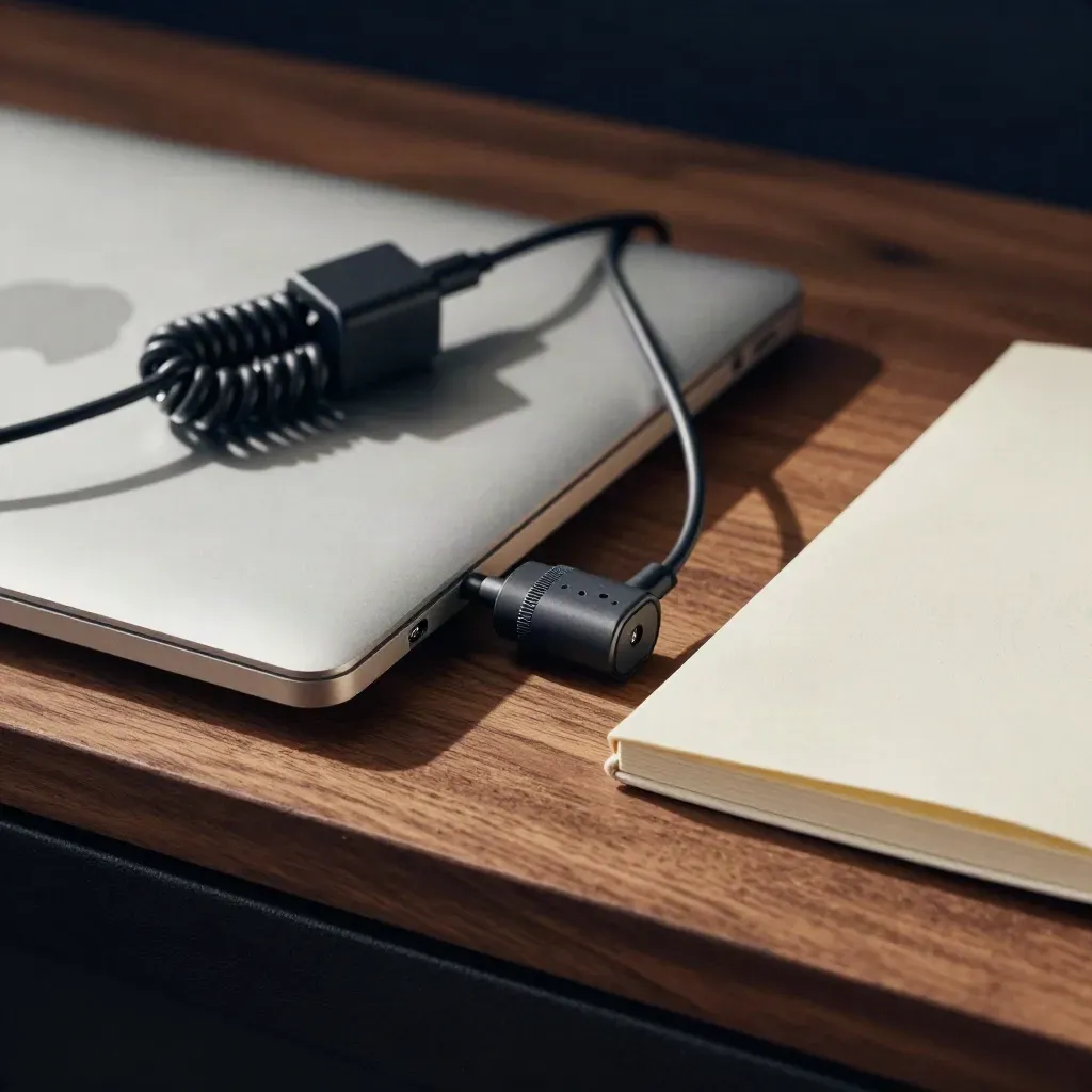 Closed silver laptop, coiled charger, timer and cream notebook on walnut wood in soft daylight.