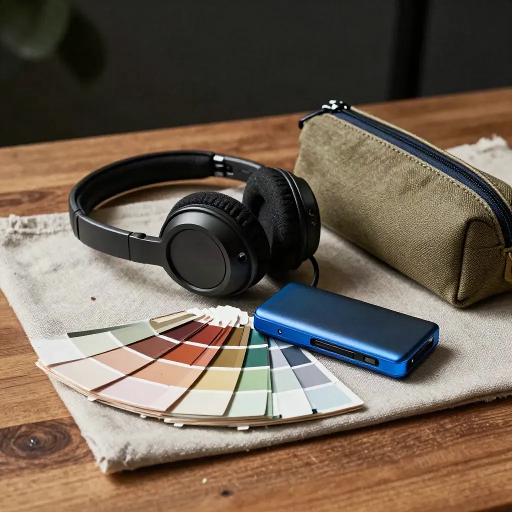 Macro still life of headset, drive, swatch deck and canvas pencil case on a warm oak workbench.