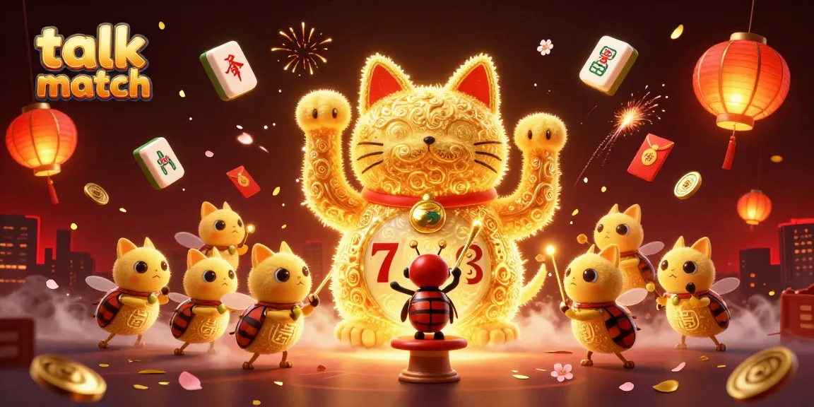 Engage in thrilling gameplay with Talk Match's golden lucky cat amidst casino symbols and festive elements.