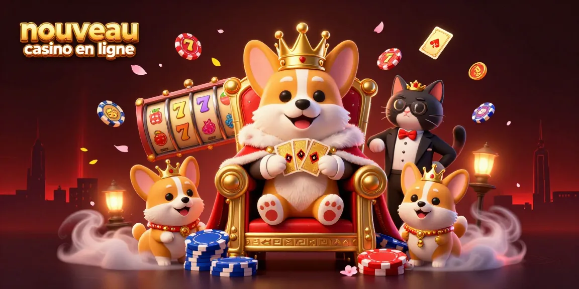 Nouveau casino en ligne : Illustration d'un corgi royal entouré de machines à sous et de symboles de jackpot.