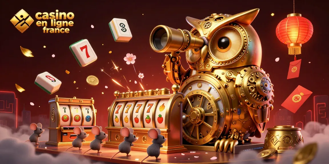 Ce visuel évoque l'ambiance captivante des casinos en ligne en France, mettant en scène un hibou doré animé parmi des machines à sous et des éléments de jeu.
