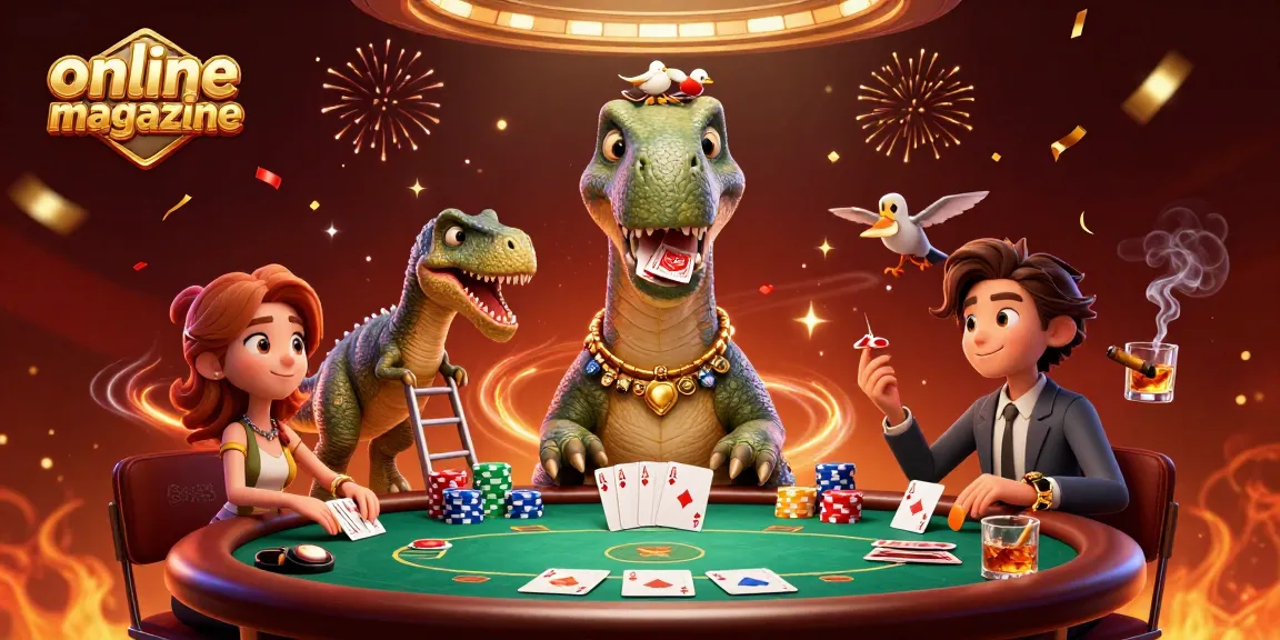 Engage with top online magazine poker strategies featuring a playful 3D dinosaur scene.