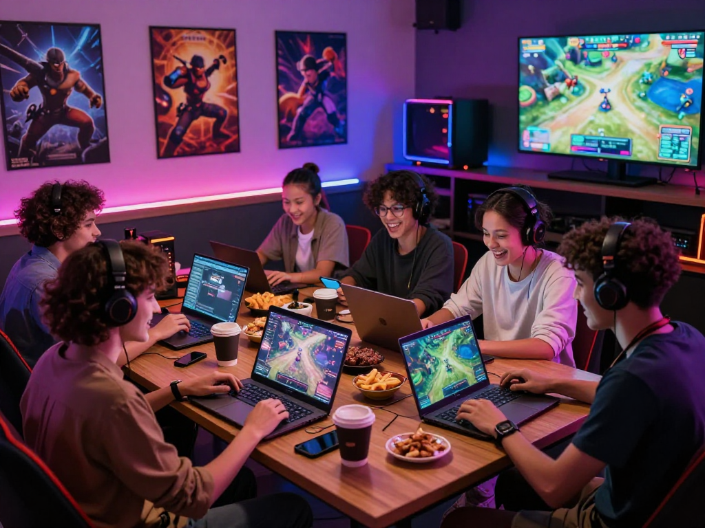Friends enjoying adult games in a vibrant gaming lounge filled with colorful LED lighting.