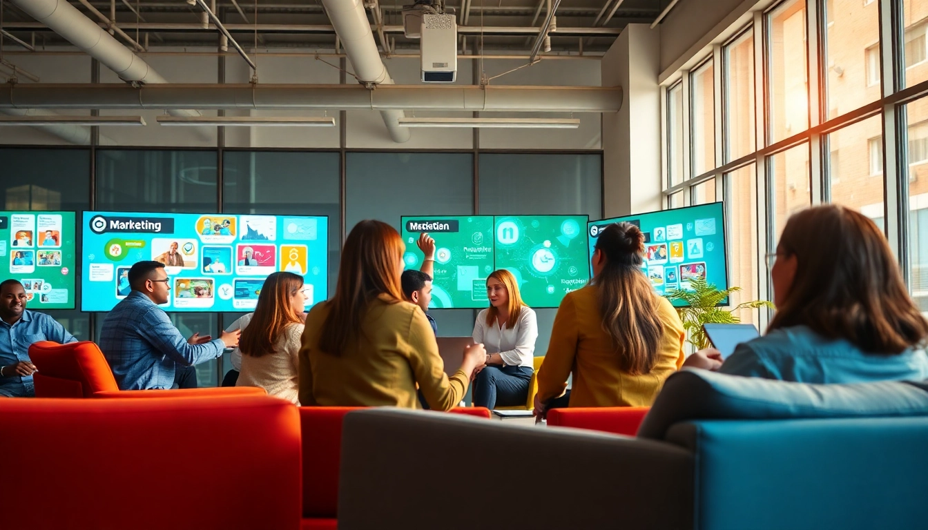 Marketing team strategizing on social media marketing edmonton in a vibrant office space.