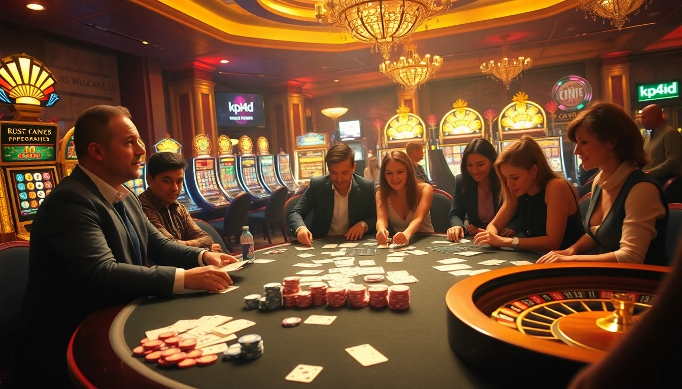 Engaged gamblers at a stylish poker table strategizing their bets at kpi4d casino.