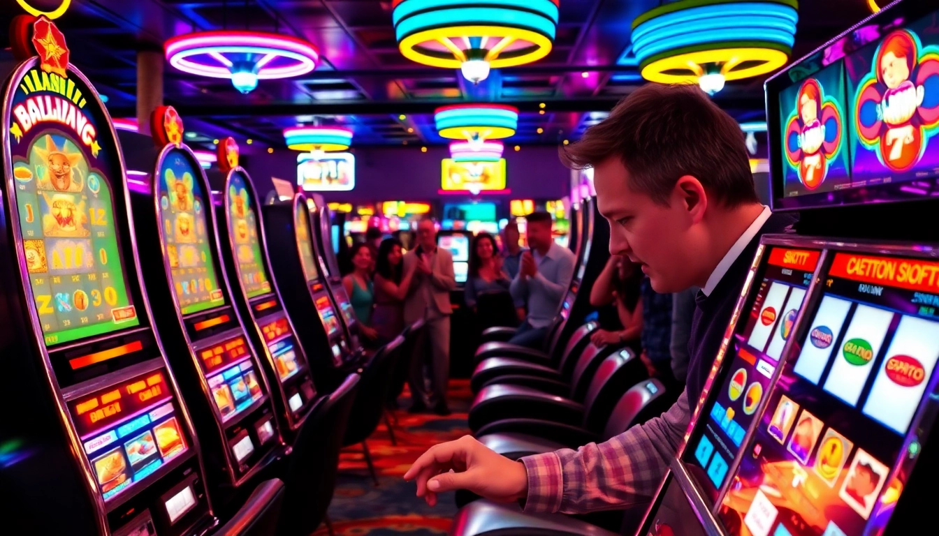 Slot777 players engaging with vibrant slot machines in a bustling casino atmosphere.