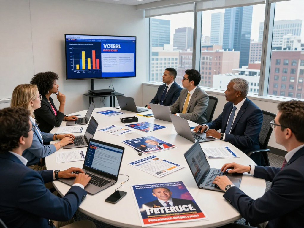 Political strategists analyzing TV ad buying for campaigns during a strategy session in a modern office.