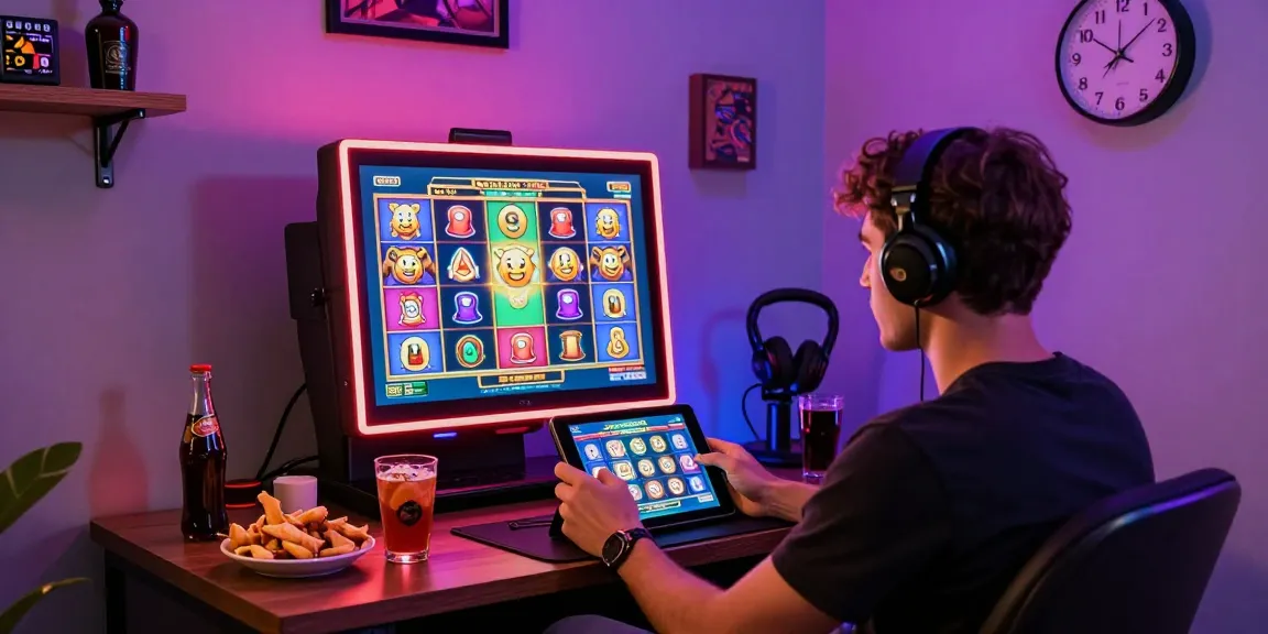 Engaging home scene of a player using a tablet for slot deposit 1k gaming, surrounded by snacks and neon lights.