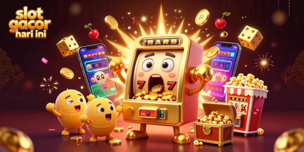 Slot gacor hari ini: mesin slot emas merayakan jackpot dengan koin berhamburan.