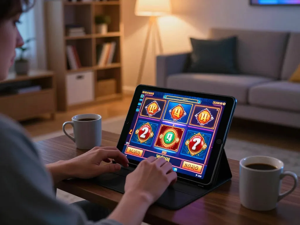 Player enjoying lc88 slots on tablet with vibrant graphics in cozy living room