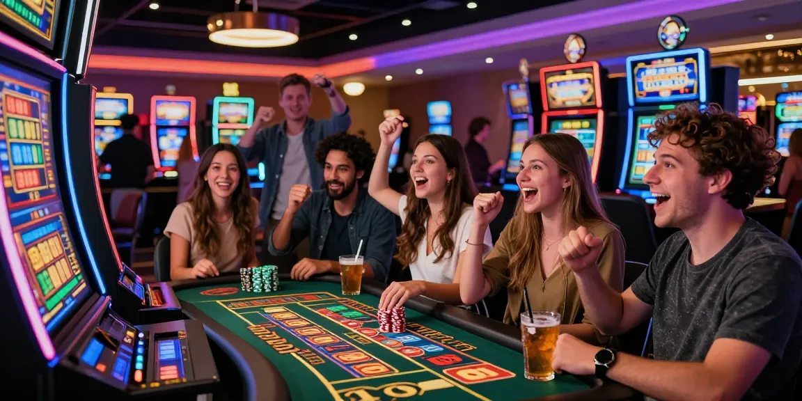 Friends excitedly celebrating a big win at a slot luar negeri machine in a vibrant casino.