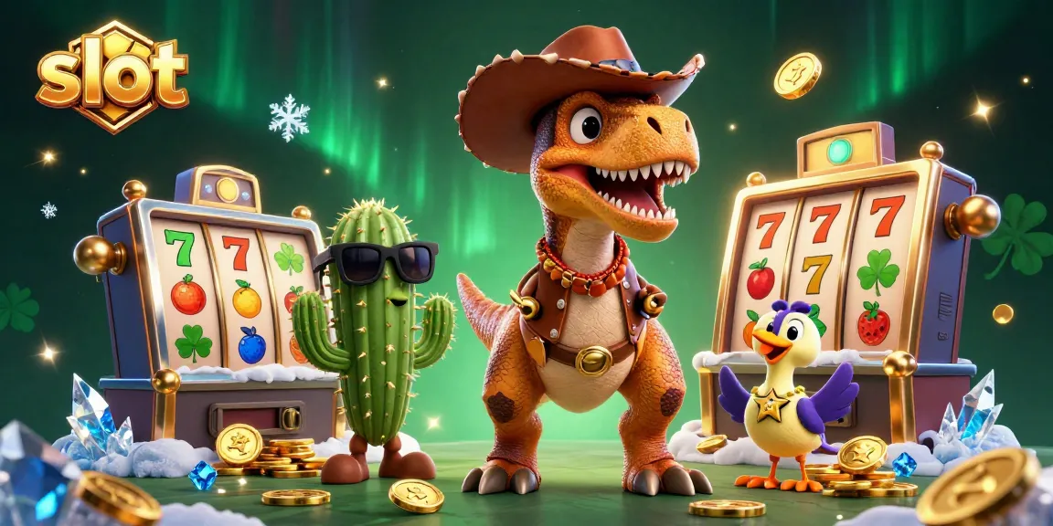Menangkan slot dengan dinosaur cowboy dan rekan-rekan di latar kasino yang penuh warna dan menarik.
